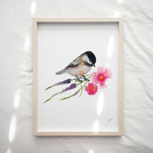 Cute Chickadee Bird Flowers Art Skriv ut Poster