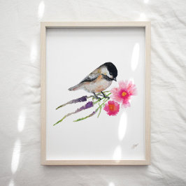 Cute Chickadee Bird Flowers Art Skriv ut Poster