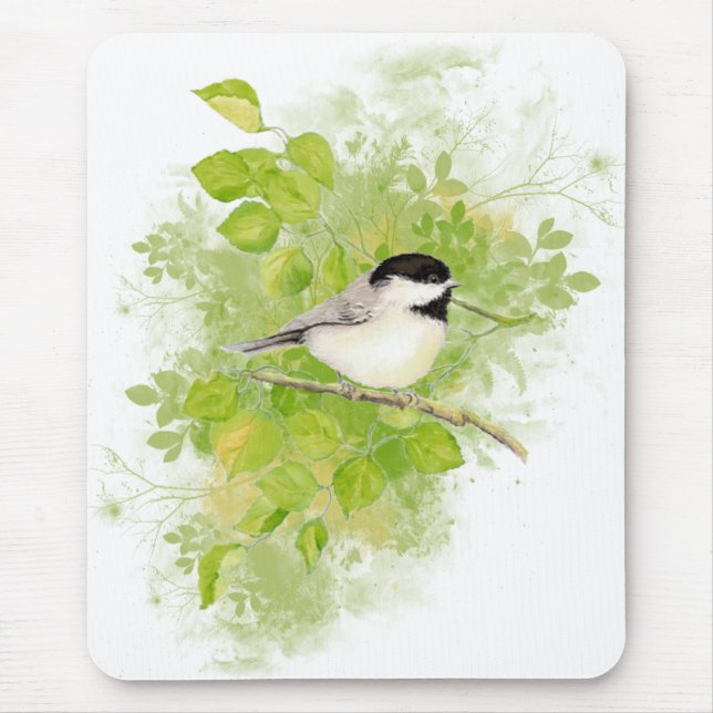 Cute Chickadee Bird i Poplar Träd Musmatta (Framsidan)