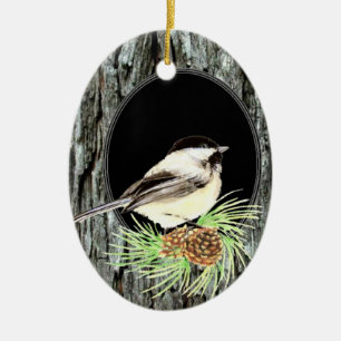 Cute Chickadee Bird i Träd, Nature, Wildlife Julgransprydnad Keramik