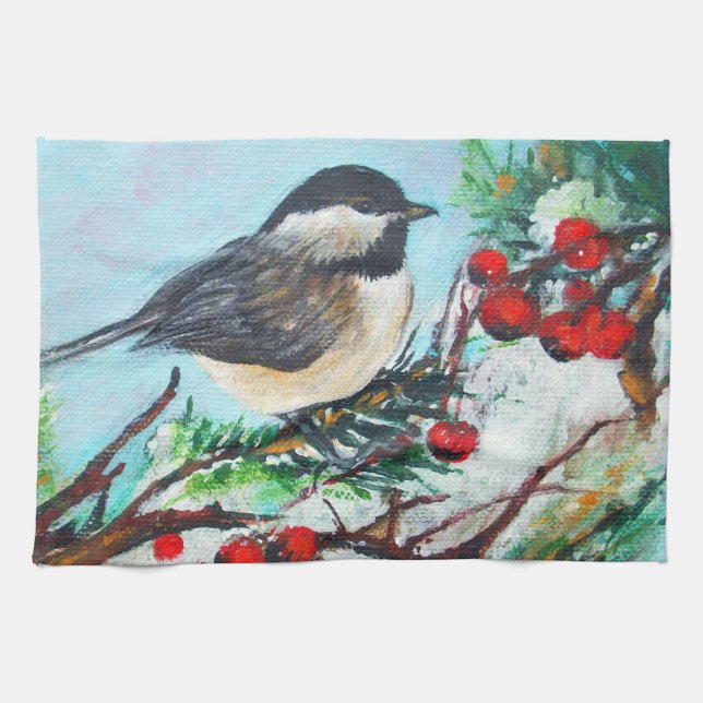 Cute Chickadee Bird med berries på Gren Kökshandduk (Horisontell)