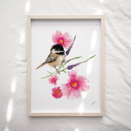 Cute Chickadee Bird Rosa Flowers Art Skriv ut Poster