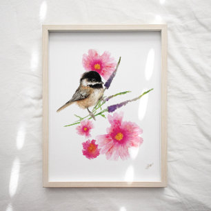 Cute Chickadee Bird Rosa Flowers Art Skriv ut Poster