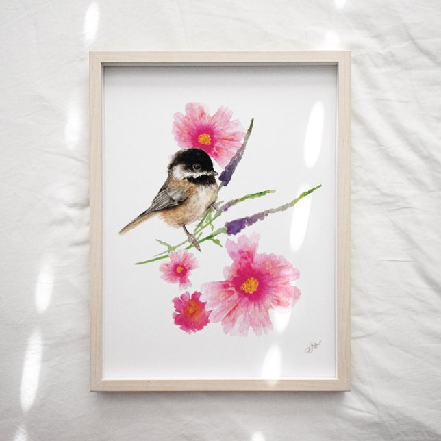 Cute Chickadee Bird Rosa Flowers Art Skriv ut Poster (Skapare uppladdad)