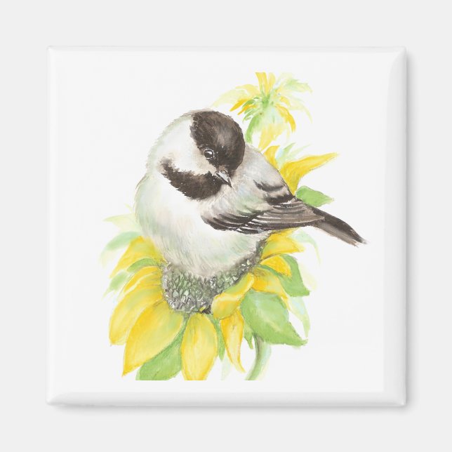 Cute Chickadee, Bird, Solros, Garden, natur Magnet (Framsidan)