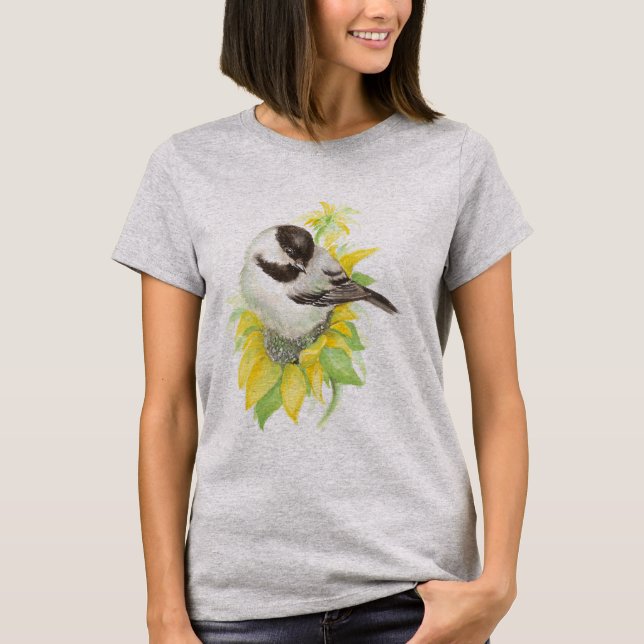 Cute Chickadee, Bird, Solros, Garden, natur T Shirt (Framsida)