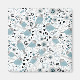 Cute Chickadee Birds Blue Grått Flowers Berries Magnet