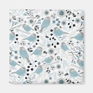 Cute Chickadee Birds Blue Grått Flowers Berries Magnet