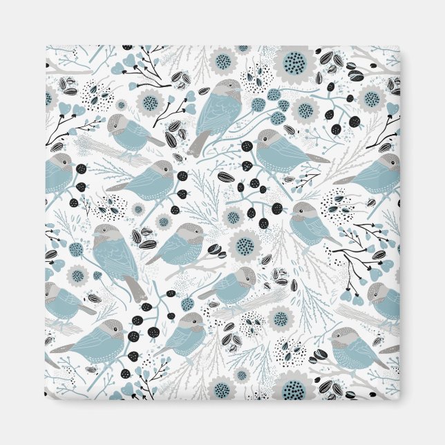 Cute Chickadee Birds Blue Grått Flowers Berries Magnet (Framsidan)