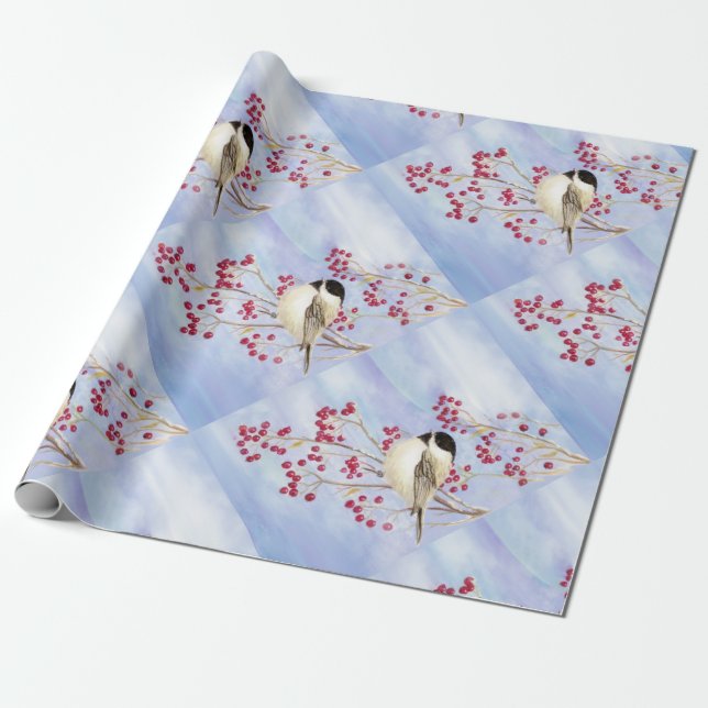 Cute Chickadee med Berries Watercolor Bird art Presentpapper (Utrullad)