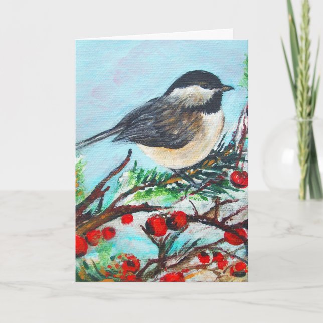 Cute Chickadee Red Berries Winter Note Card Helgkort (Framsida)