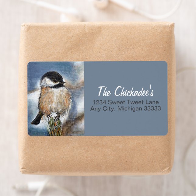 Cute Chickadee Sång Bird Winter Painting Label Fraktsedel (Insitu)