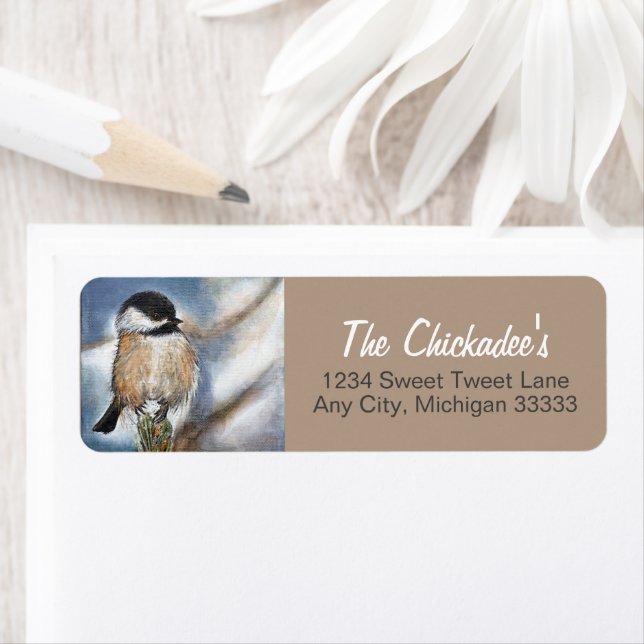 Cute Chickadee Sång Bird Winter Painting Label Returadress Etikett (Insitu)