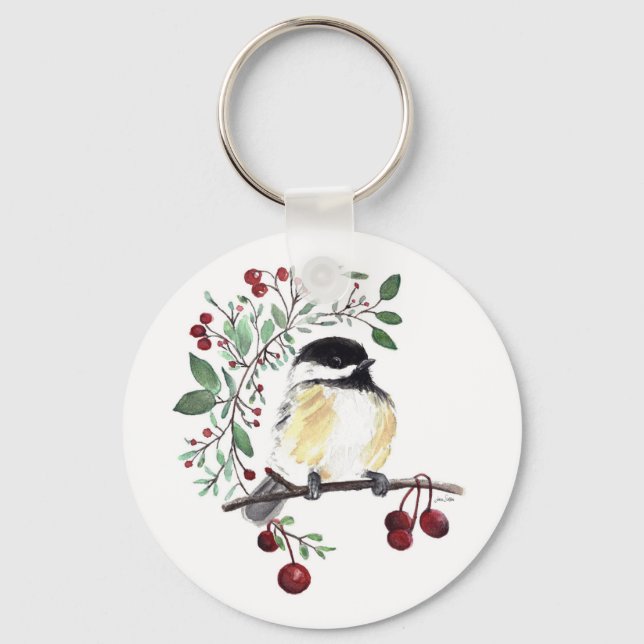 Cute Chickadee Watercolor Art Nyckelring (Framsida)