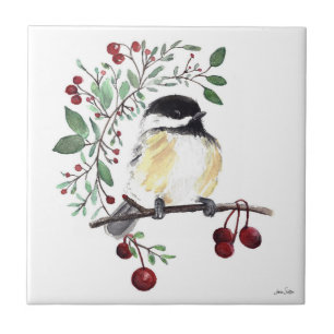 Cute Chickadee Watercolor Ceramic Tile Kakelplatta