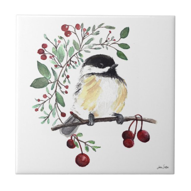 Cute Chickadee Watercolor Ceramic Tile Kakelplatta (Framsidan)