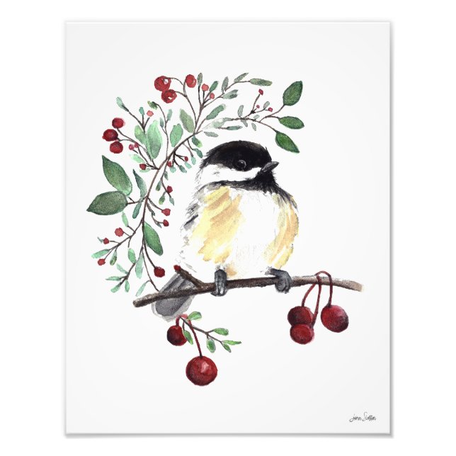 Cute Chickadee Watercolor Fototryck (Framsidan)
