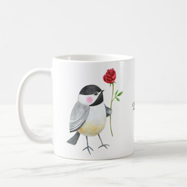 Cute Chickadee with a single red rose Custom Name  Kaffemugg (Vänster)