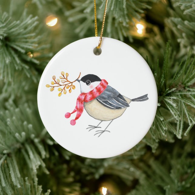 Cute Chickadee with Golden Sprig Personalized name Julgransprydnad Keramik (Träd)