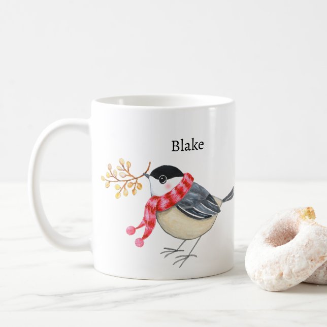 Cute Chickadee with Scarf Bringing Gift Custom Kaffemugg (Med munk)