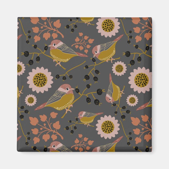 Cute Chickadees Guld Rosa Berries Flowers Magnet (Framsidan)
