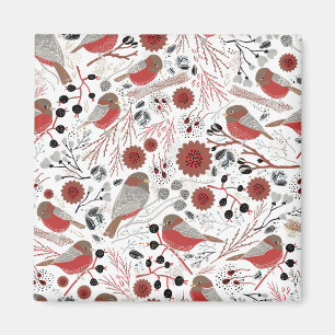 Cute Chickadees Red Grått Mönster Blommigt Magnet