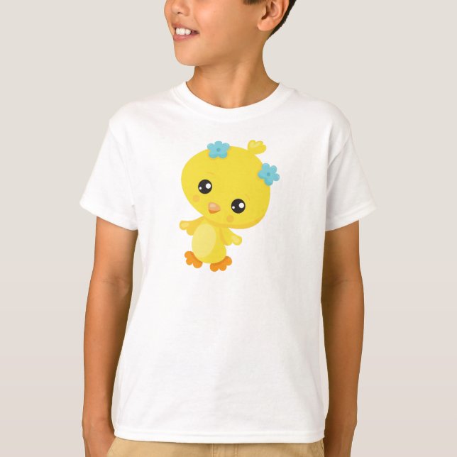 Cute Chicken, Baby Chicken, Chick, blommor T Shirt (Framsida)