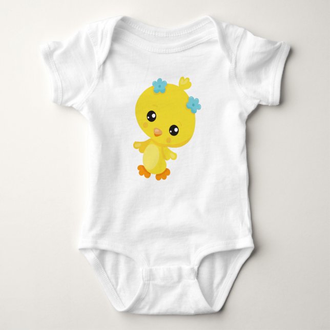 Cute Chicken, Baby Chicken, Chick, blommor T Shirt (Framsida)