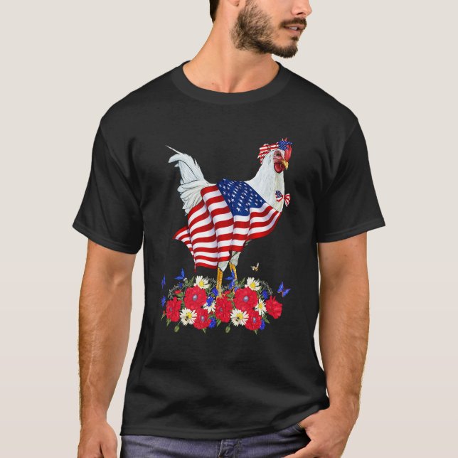 Cute Chicken Bow Tie American Flag Flowers Happy 4 T Shirt (Framsida)