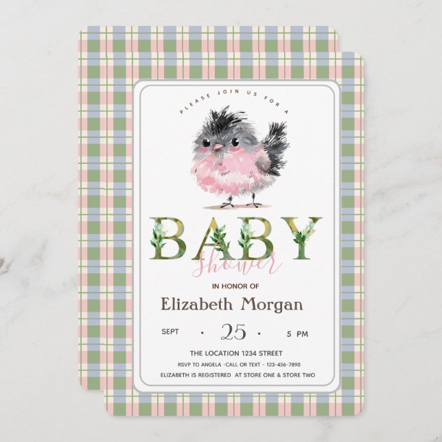 Cute Chicken Grönt Rosa Play Baby Shower Inbjudningar (Fram/baksida)