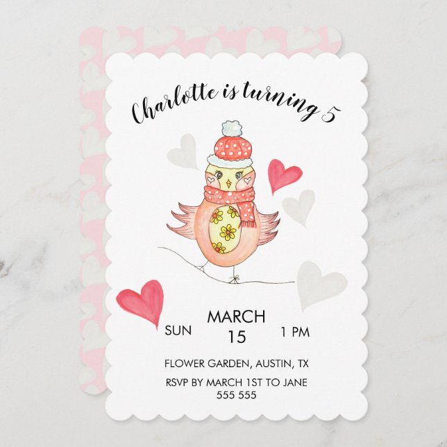 Cute Chicken i Kärlek, Hearts Watercolor Julkort (Fram/baksida)