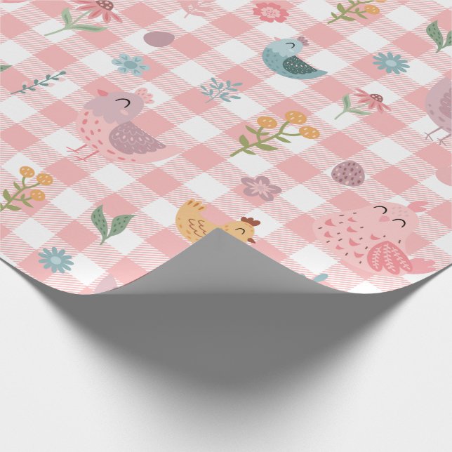 Cute Chicken Peach Gingham Wrapping Papper Presentpapper (Hörn)