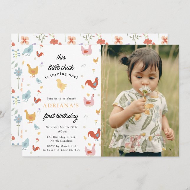 Cute Chickens Hens Chick Girl First Birthday Photo Inbjudningar (Fram/baksida)