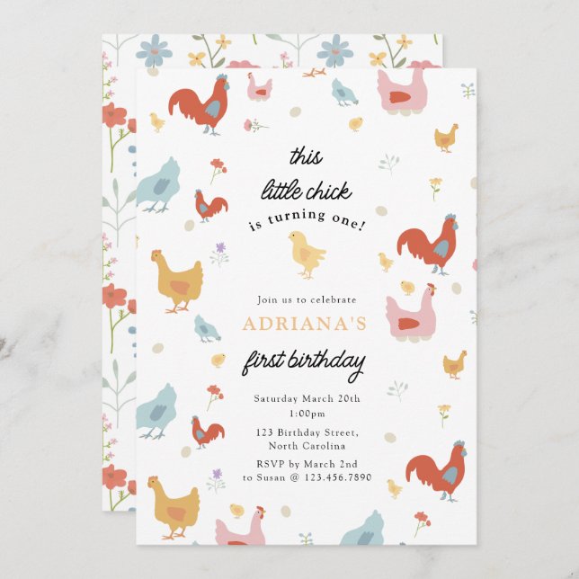 Cute Chickens Hens och Chick Girl First Birthday Inbjudningar (Fram/baksida)