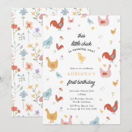 Cute Chickens Hens och Chick Girl First Birthday Inbjudningar