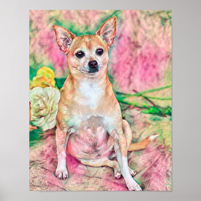 Cute Chihuahua Art Rosa Grönt Hund Porträtt Poster (Framsidan)