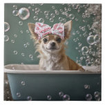 Cute Chihuahua Bubble Bath  Kakelplatta<br><div class="desc">Cute and fun a little chihuahua type puppy dog with a bandana bathing cap in a bathtub filled with bubbles.  Great accent,  especially bathroom decor.</div>