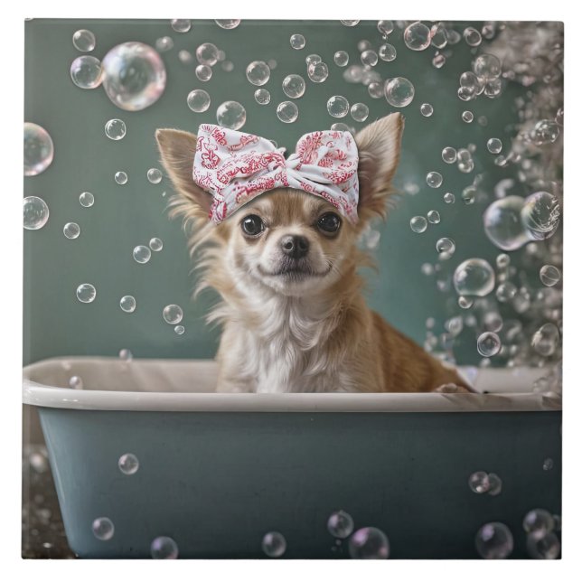 Cute Chihuahua Bubble Bath  Kakelplatta (Framsidan)
