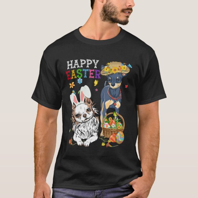 Cute Chihuahua Dogs With Easter Egg Basket Easter  T Shirt (Framsida)
