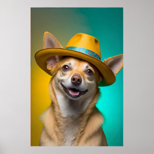 Cute Chihuahua Hund Fedora Hat Colorful Vibrant Poster