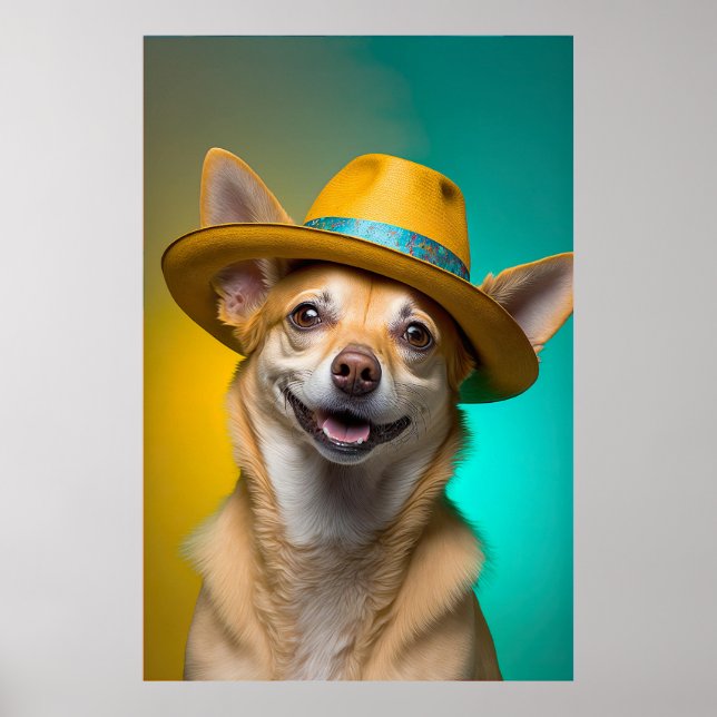 Cute Chihuahua Hund Fedora Hat Colorful Vibrant Poster (Framsidan)