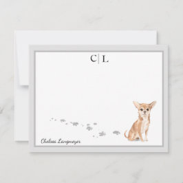 Cute Chihuahua Hund Grått Gräns Monogram Ditt namn Anteckningskort