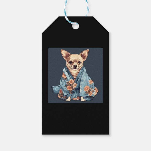 Cute Chihuahua-Hund i japanska Kimono Robe Illustr Presentetikett (Framsidan)