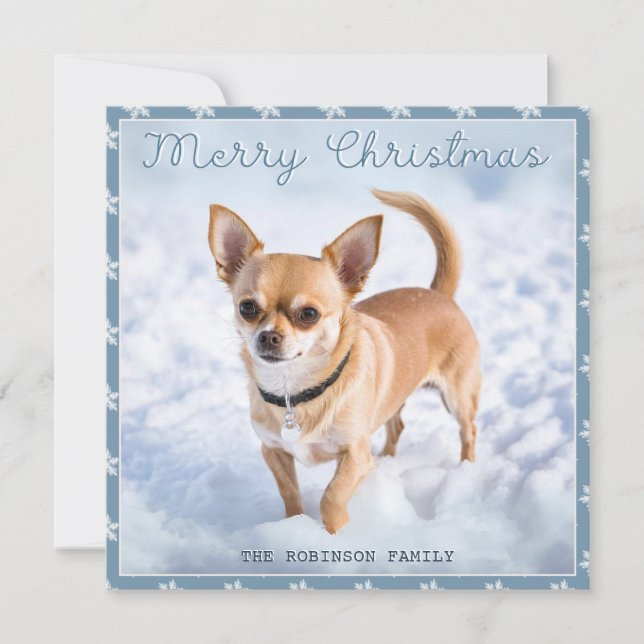 Cute Chihuahua Hund i Snö Söt Snöflingor Julkort (Framsida)