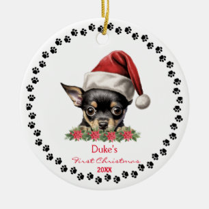 Cute Chihuahua Hund Santa Hat 1:a jul, Tass Julgransprydnad Keramik