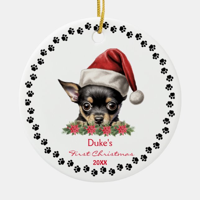 Cute Chihuahua Hund Santa Hat 1:a jul, Tass Julgransprydnad Keramik (Framsidan)