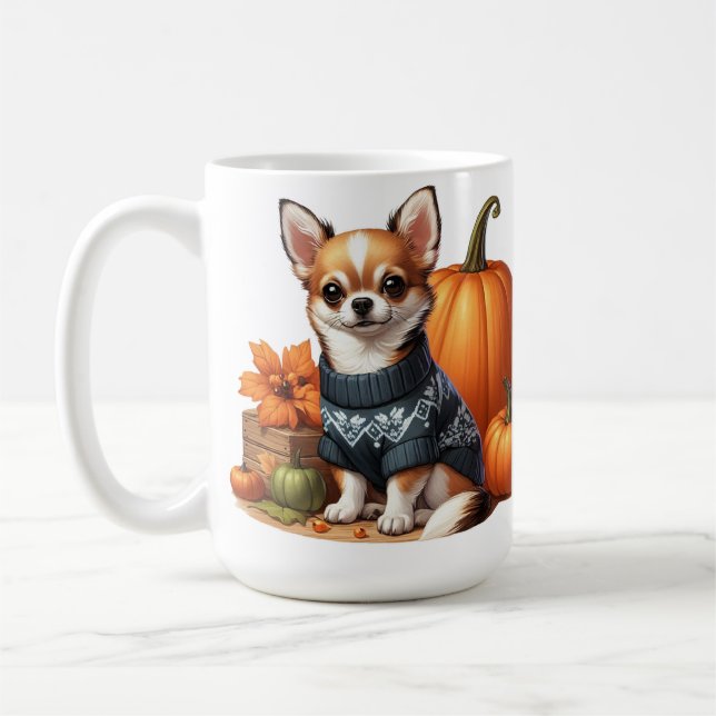 Cute Chihuahua in Sweater with Pumpkins Kaffemugg (Vänster)