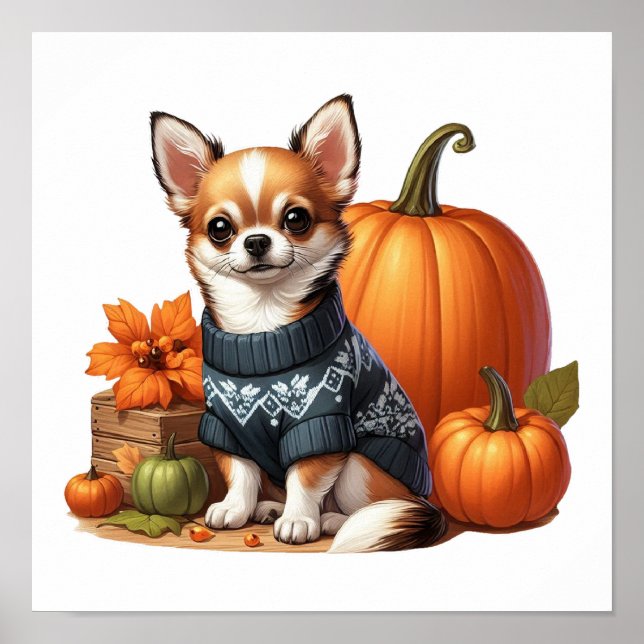 Cute Chihuahua in Sweater with Pumpkins Poster (Framsidan)