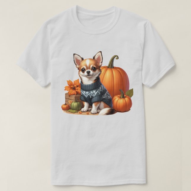 Cute Chihuahua in Sweater with Pumpkins T Shirt (Design framsida)