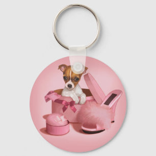 Cute Chihuahua Puppy i Hatbox Nyckelring